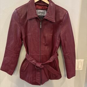 Pelle Studio Wilsons Jacket Women Small Burgundy Leather Belted Zip Y2K